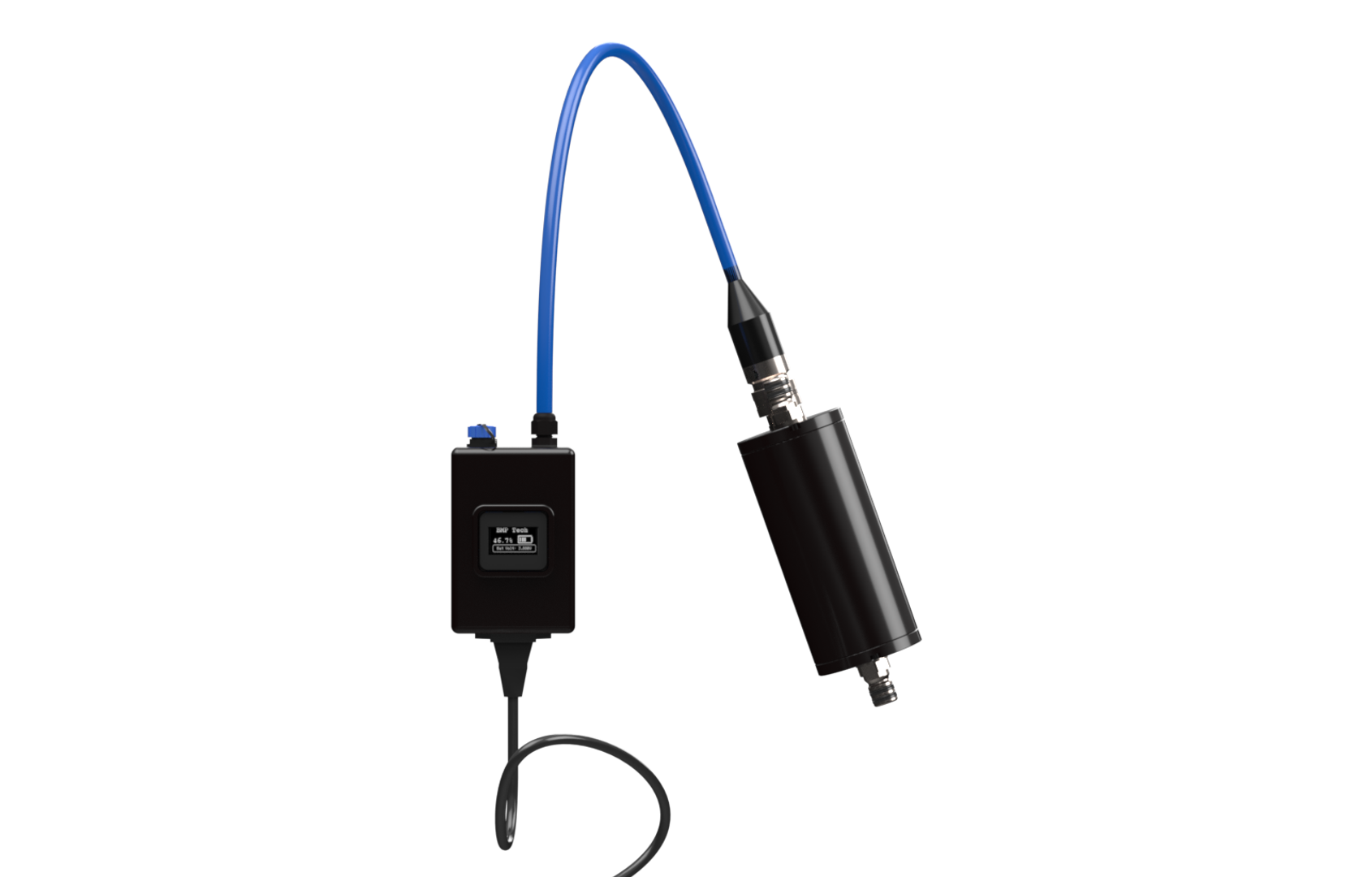 CP-Probe charger with OLED display showing battery level, connected to the probe by the blue cable