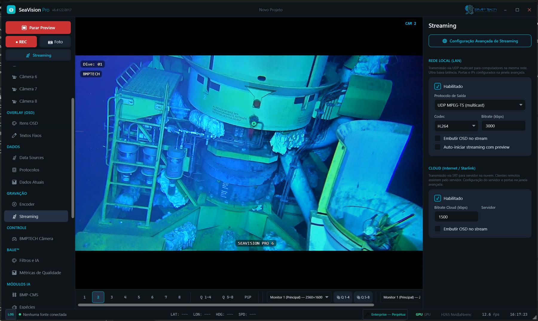 Gravação & streaming: REC local, foto e transmissão por LAN (multicast) e Cloud (SRT/Starlink), em H.264/H.265 acelerados por GPU.